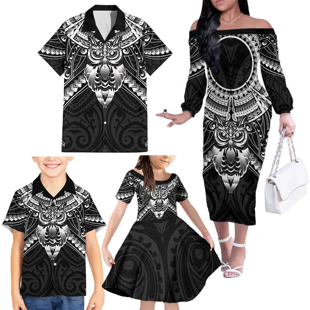 New Zealand Morepork Family Matching Off The Shoulder Long Sleeve Dress and Hawaiian Shirt Maori Pattern Black LT05 - Polynesian Pride
