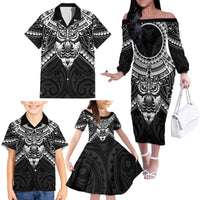 New Zealand Morepork Family Matching Off The Shoulder Long Sleeve Dress and Hawaiian Shirt Maori Pattern Black LT05 - Polynesian Pride
