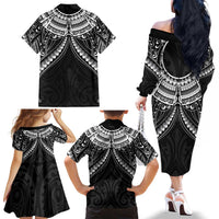 New Zealand Morepork Family Matching Off The Shoulder Long Sleeve Dress and Hawaiian Shirt Maori Pattern Black LT05 - Polynesian Pride