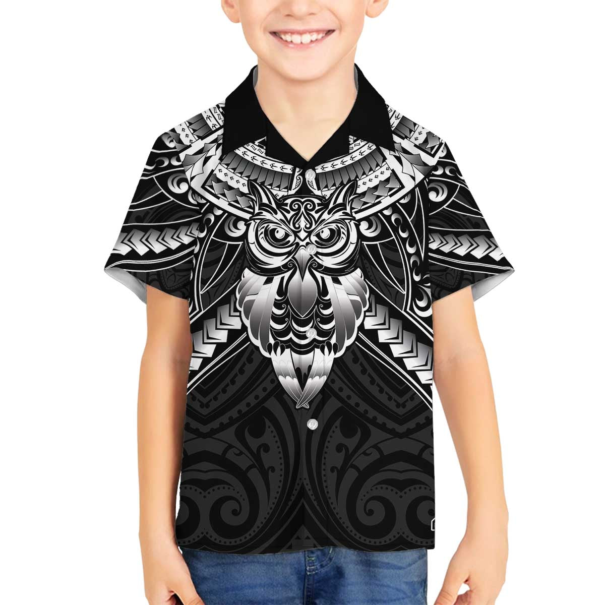 New Zealand Morepork Family Matching Off The Shoulder Long Sleeve Dress and Hawaiian Shirt Maori Pattern Black LT05 Son's Shirt Black - Polynesian Pride