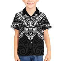 New Zealand Morepork Family Matching Off The Shoulder Long Sleeve Dress and Hawaiian Shirt Maori Pattern Black LT05 Son's Shirt Black - Polynesian Pride