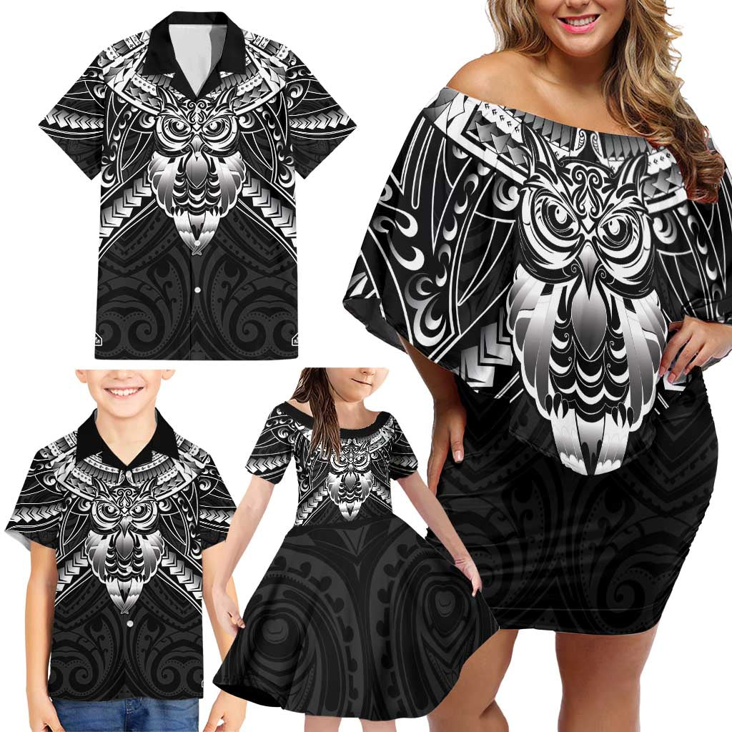 New Zealand Morepork Family Matching Off Shoulder Short Dress and Hawaiian Shirt Maori Pattern Black LT05 - Polynesian Pride