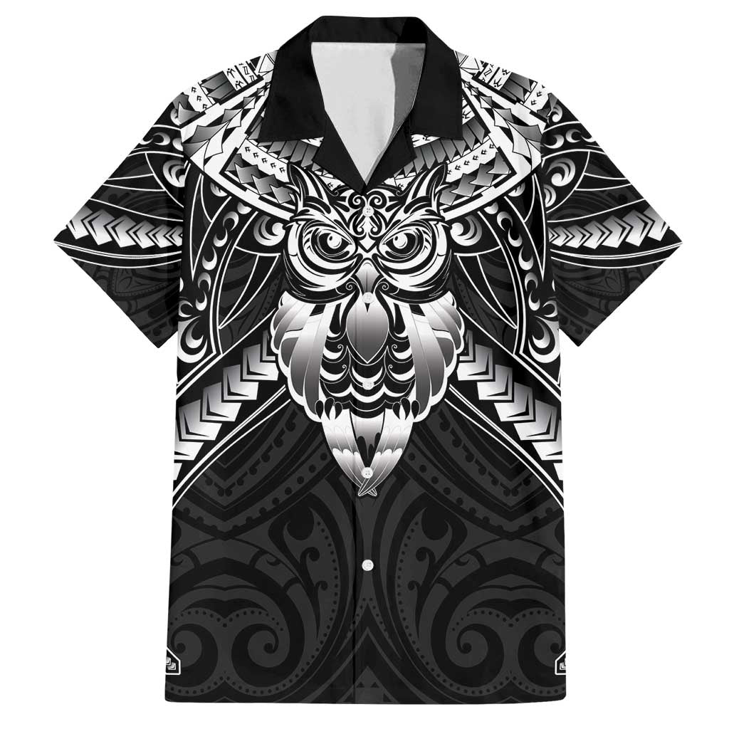 New Zealand Morepork Family Matching Off Shoulder Short Dress and Hawaiian Shirt Maori Pattern Black LT05 Dad's Shirt - Short Sleeve Black - Polynesian Pride
