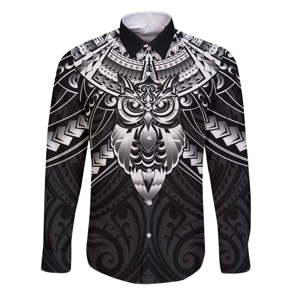 New Zealand Morepork Family Matching Off Shoulder Short Dress and Hawaiian Shirt Maori Pattern Black LT05 Dad's Shirt - Long Sleeve Black - Polynesian Pride
