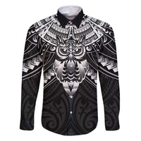 New Zealand Morepork Family Matching Off Shoulder Short Dress and Hawaiian Shirt Maori Pattern Black LT05 Dad's Shirt - Long Sleeve Black - Polynesian Pride