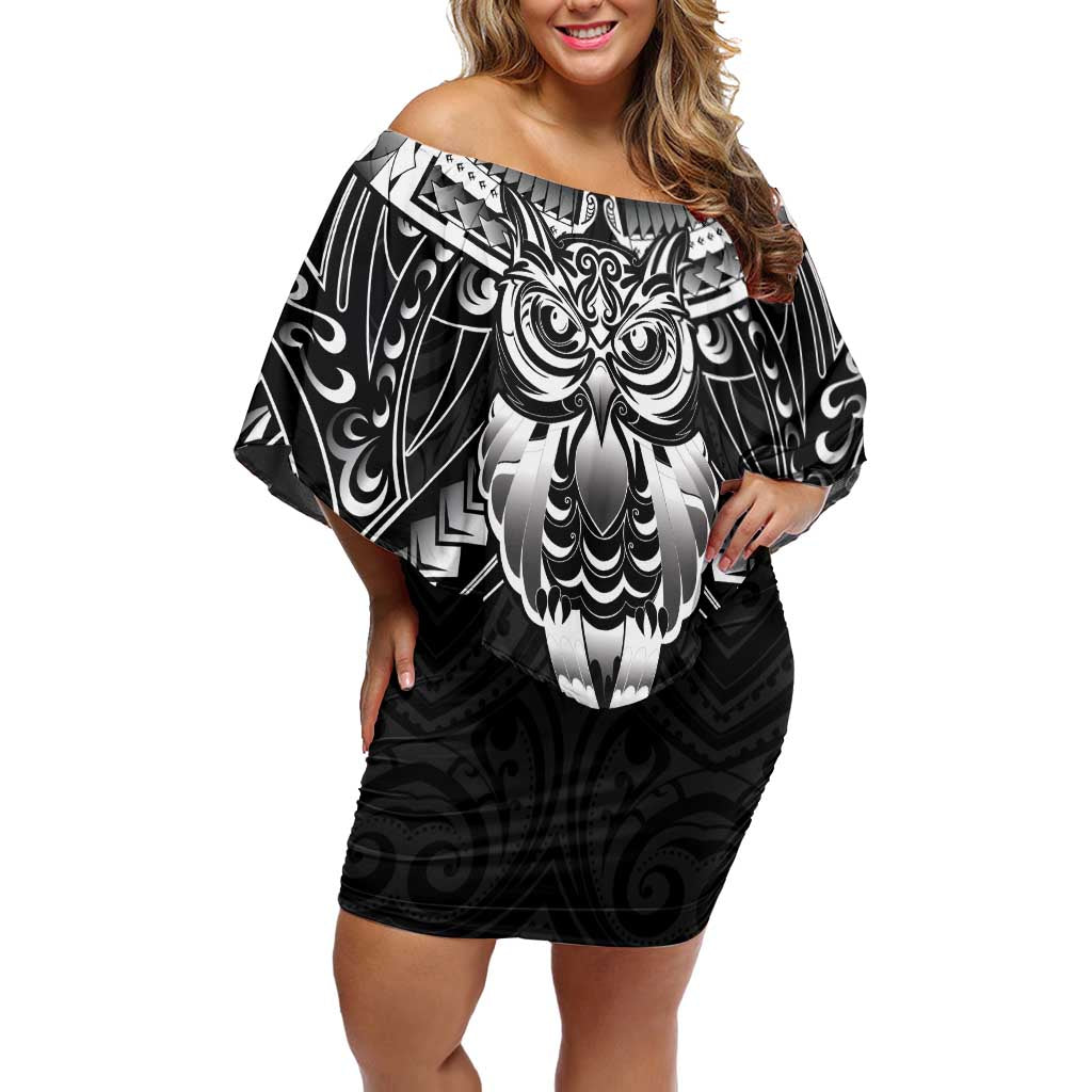 New Zealand Morepork Family Matching Off Shoulder Short Dress and Hawaiian Shirt Maori Pattern Black LT05 Mom's Dress Black - Polynesian Pride
