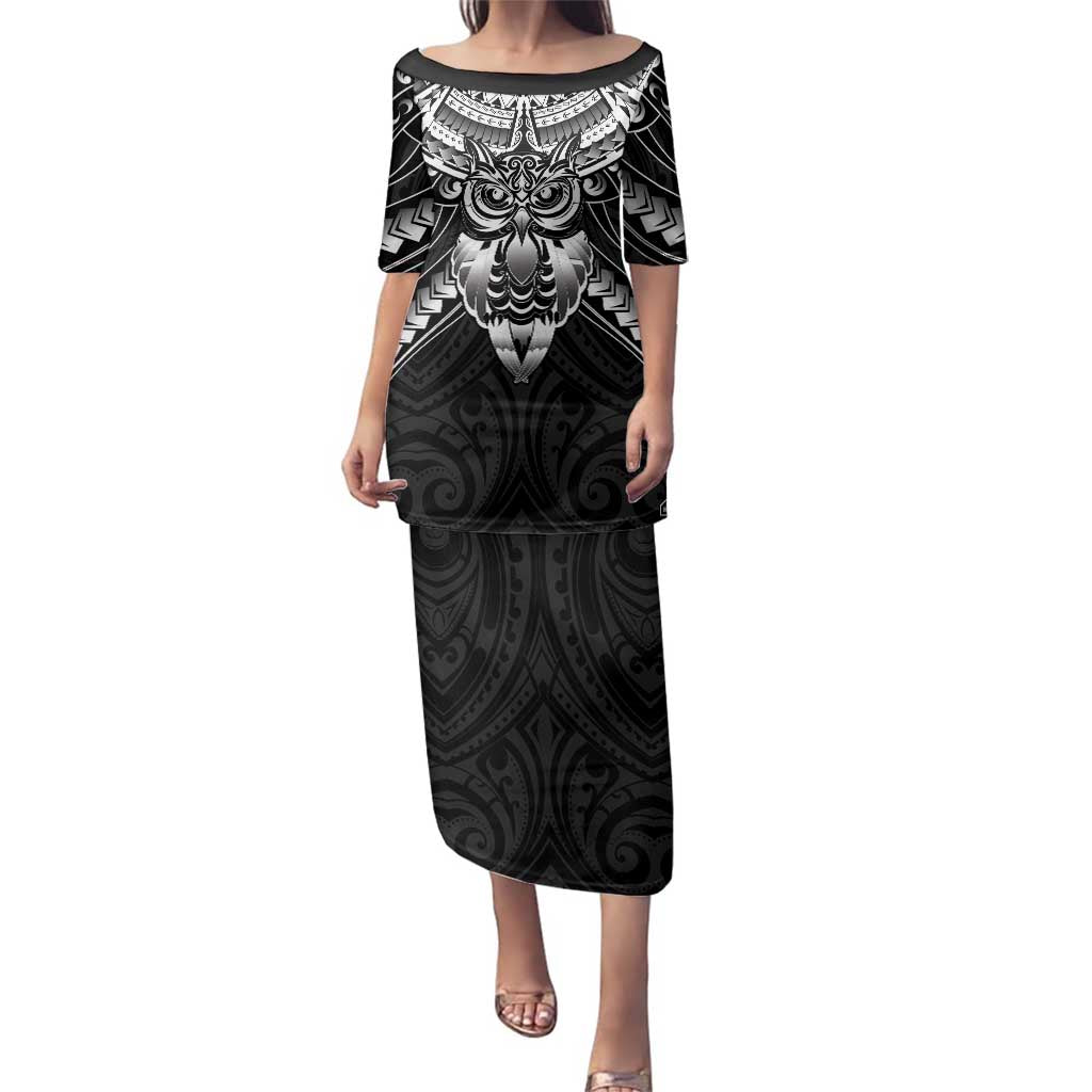 New Zealand Morepork Family Matching Puletasi and Hawaiian Shirt Maori Pattern Black