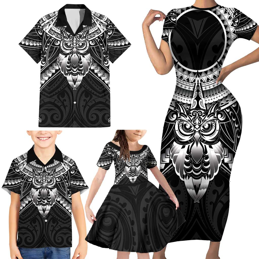 New Zealand Morepork Family Matching Short Sleeve Bodycon Dress and Hawaiian Shirt Maori Pattern Black LT05 - Polynesian Pride