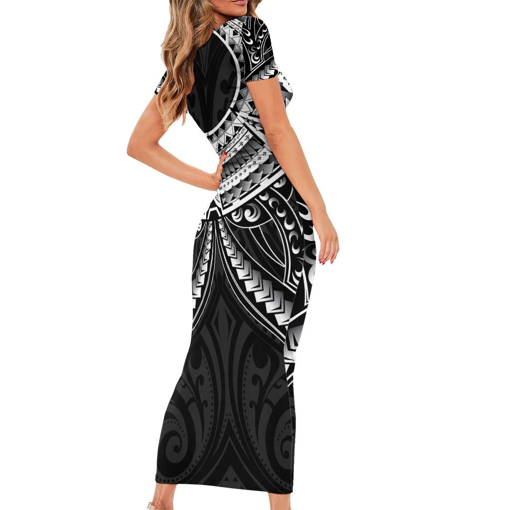 New Zealand Morepork Family Matching Short Sleeve Bodycon Dress and Hawaiian Shirt Maori Pattern Black LT05 - Polynesian Pride