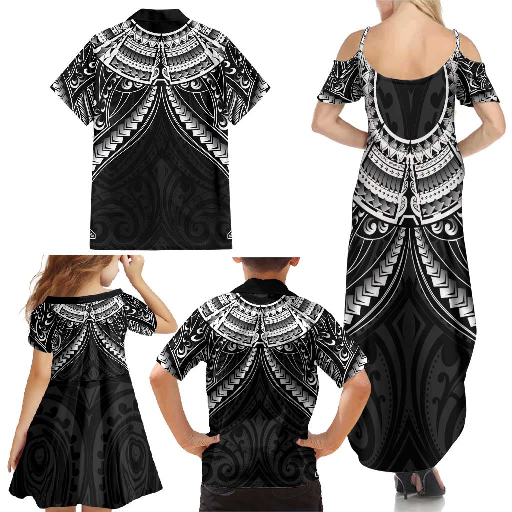 New Zealand Morepork Family Matching Summer Maxi Dress and Hawaiian Shirt Maori Pattern Black LT05 - Polynesian Pride