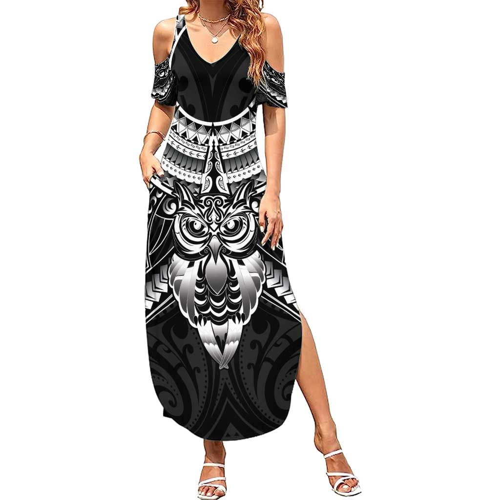 New Zealand Morepork Family Matching Summer Maxi Dress and Hawaiian Shirt Maori Pattern Black LT05 Mom's Dress Black - Polynesian Pride