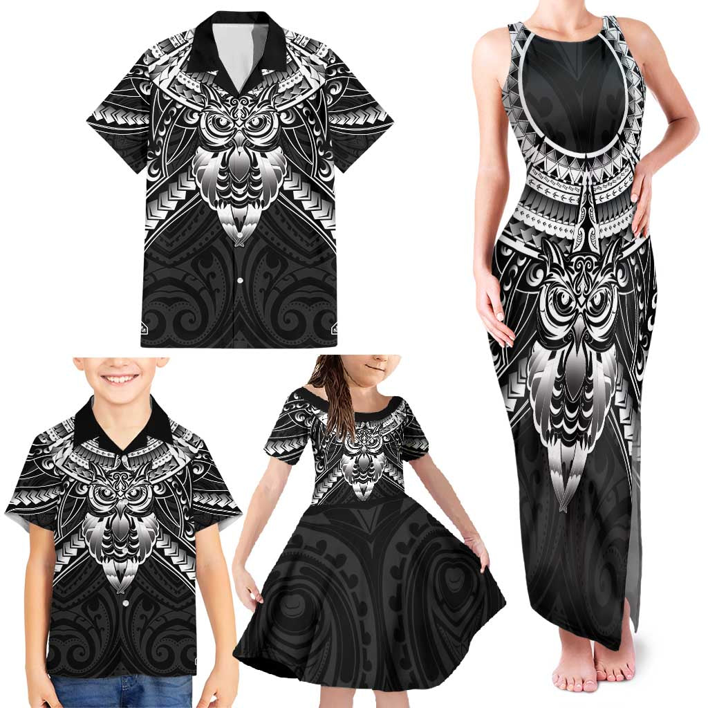 New Zealand Morepork Family Matching Tank Maxi Dress and Hawaiian Shirt Maori Pattern Black LT05 - Polynesian Pride