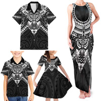New Zealand Morepork Family Matching Tank Maxi Dress and Hawaiian Shirt Maori Pattern Black LT05 - Polynesian Pride