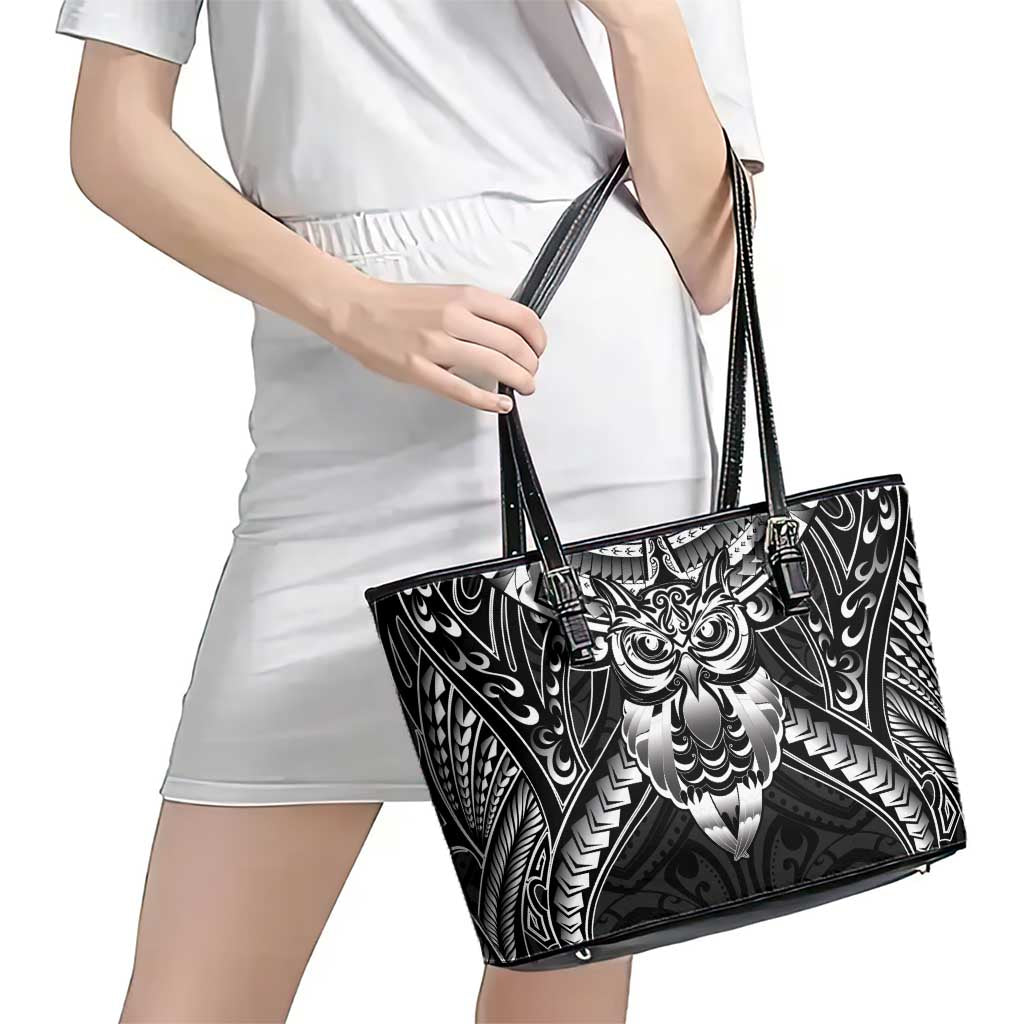 New Zealand Morepork Leather Tote Bag Maori Pattern Black