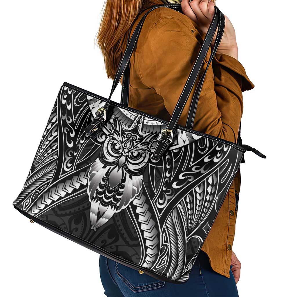 New Zealand Morepork Leather Tote Bag Maori Pattern Black