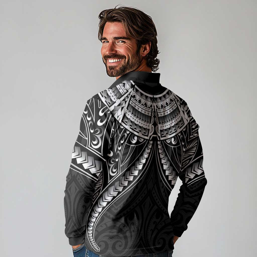 New Zealand Morepork Long Sleeve Polo Shirt Maori Pattern Black