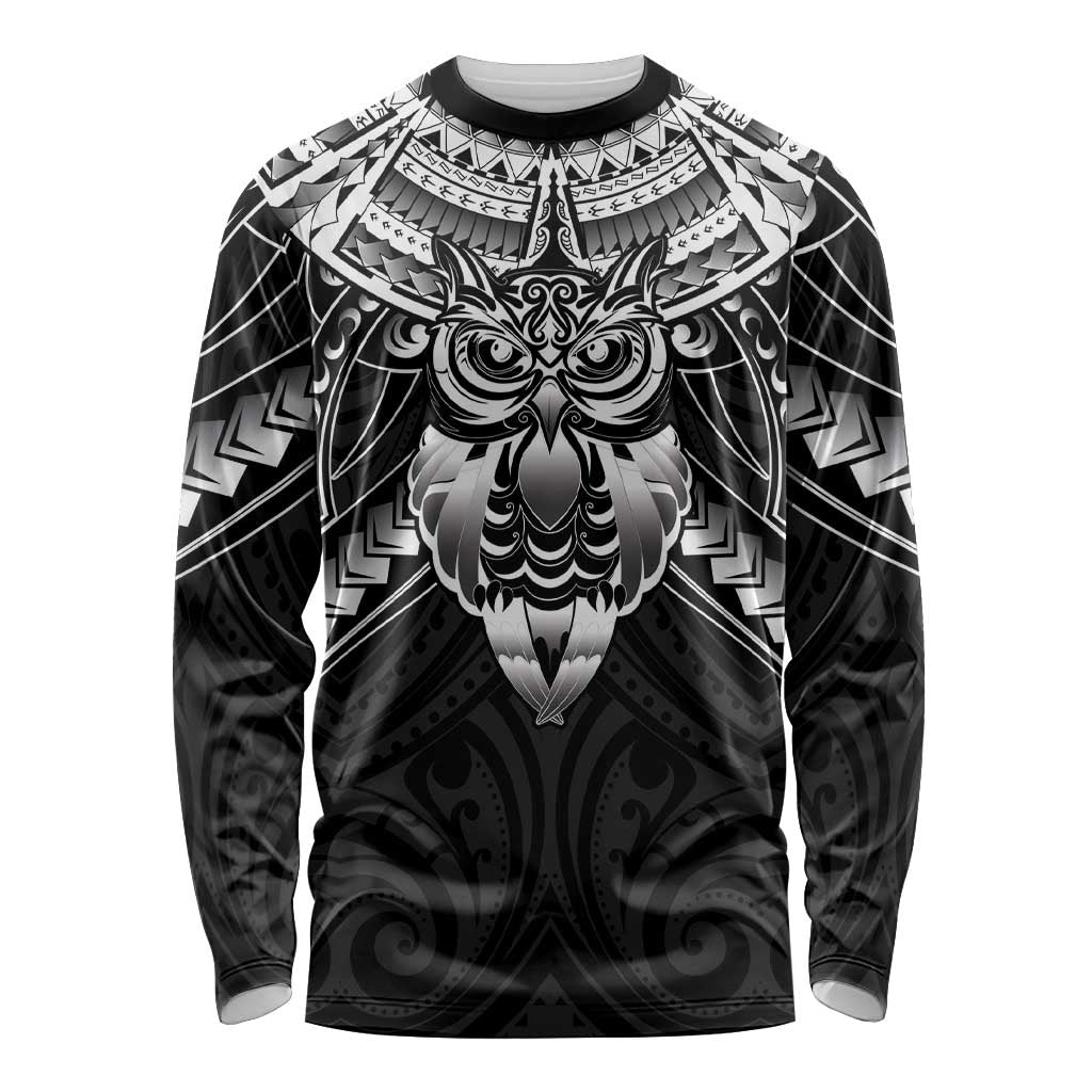 New Zealand Morepork Long Sleeve Shirt Maori Pattern Black