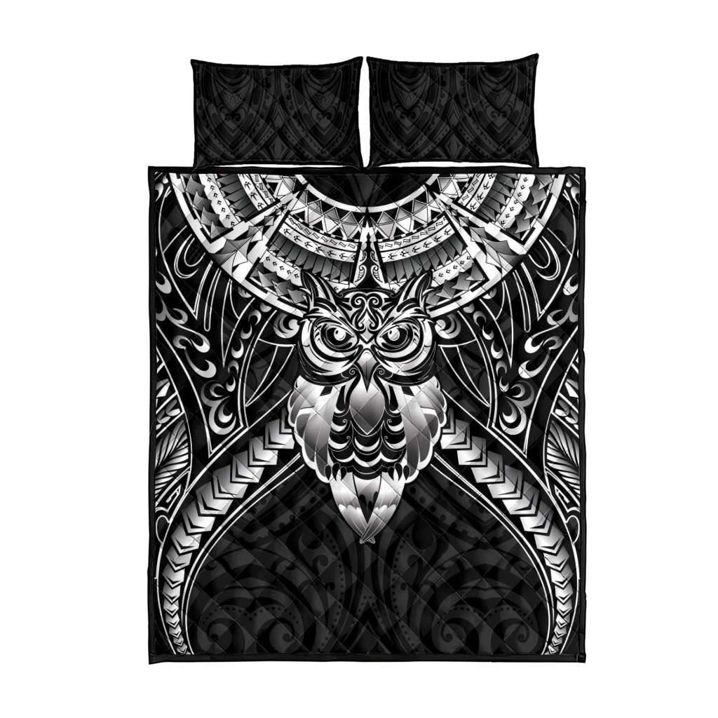 New Zealand Morepork Quilt Bed Set Maori Pattern Black