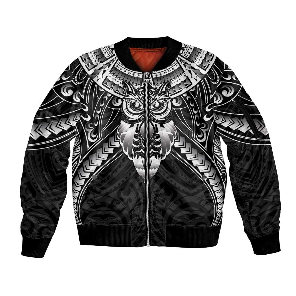 New Zealand Morepork Sleeve Zip Bomber Jacket Maori Pattern Black LT05 Unisex Black - Polynesian Pride
