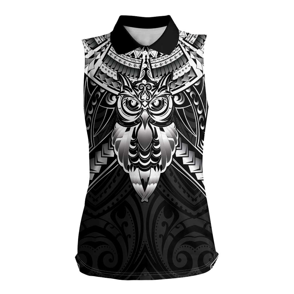 New Zealand Morepork Women Sleeveless Polo Shirt Maori Pattern Black
