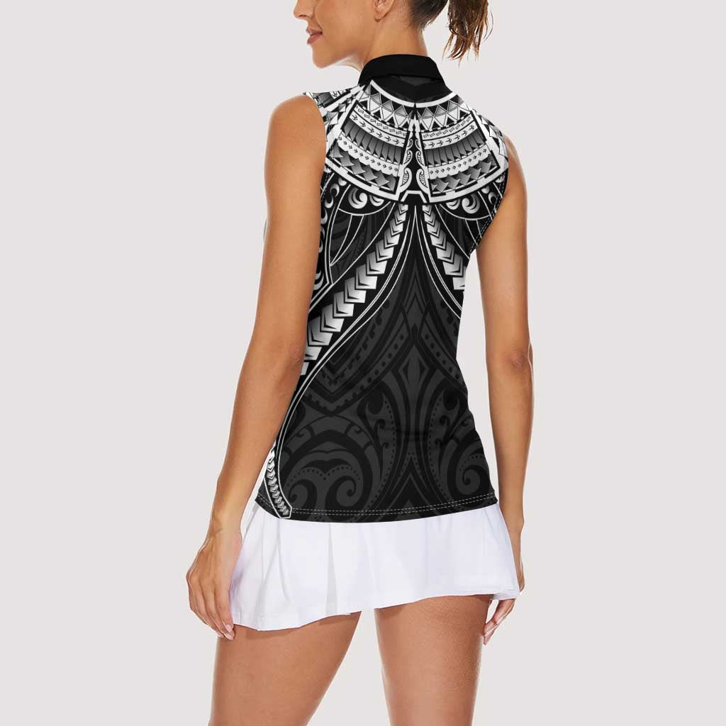 New Zealand Morepork Women Sleeveless Polo Shirt Maori Pattern Black