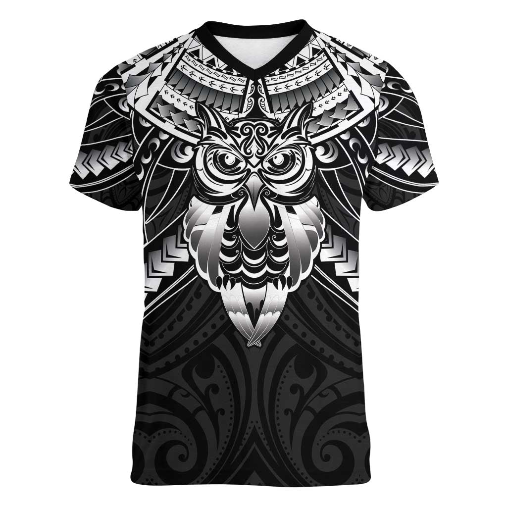 New Zealand Morepork Women V-Neck T-Shirt Maori Pattern Black