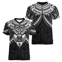 New Zealand Morepork Women V-Neck T-Shirt Maori Pattern Black