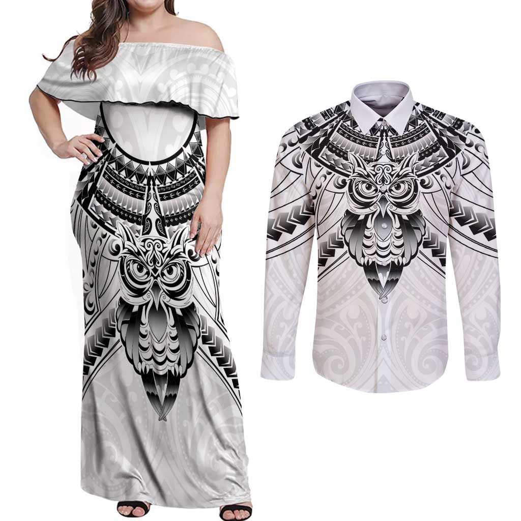 New Zealand Morepork Couples Matching Off Shoulder Maxi Dress and Long Sleeve Button Shirt Maori Pattern White LT05 White - Polynesian Pride