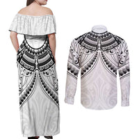 New Zealand Morepork Couples Matching Off Shoulder Maxi Dress and Long Sleeve Button Shirt Maori Pattern White