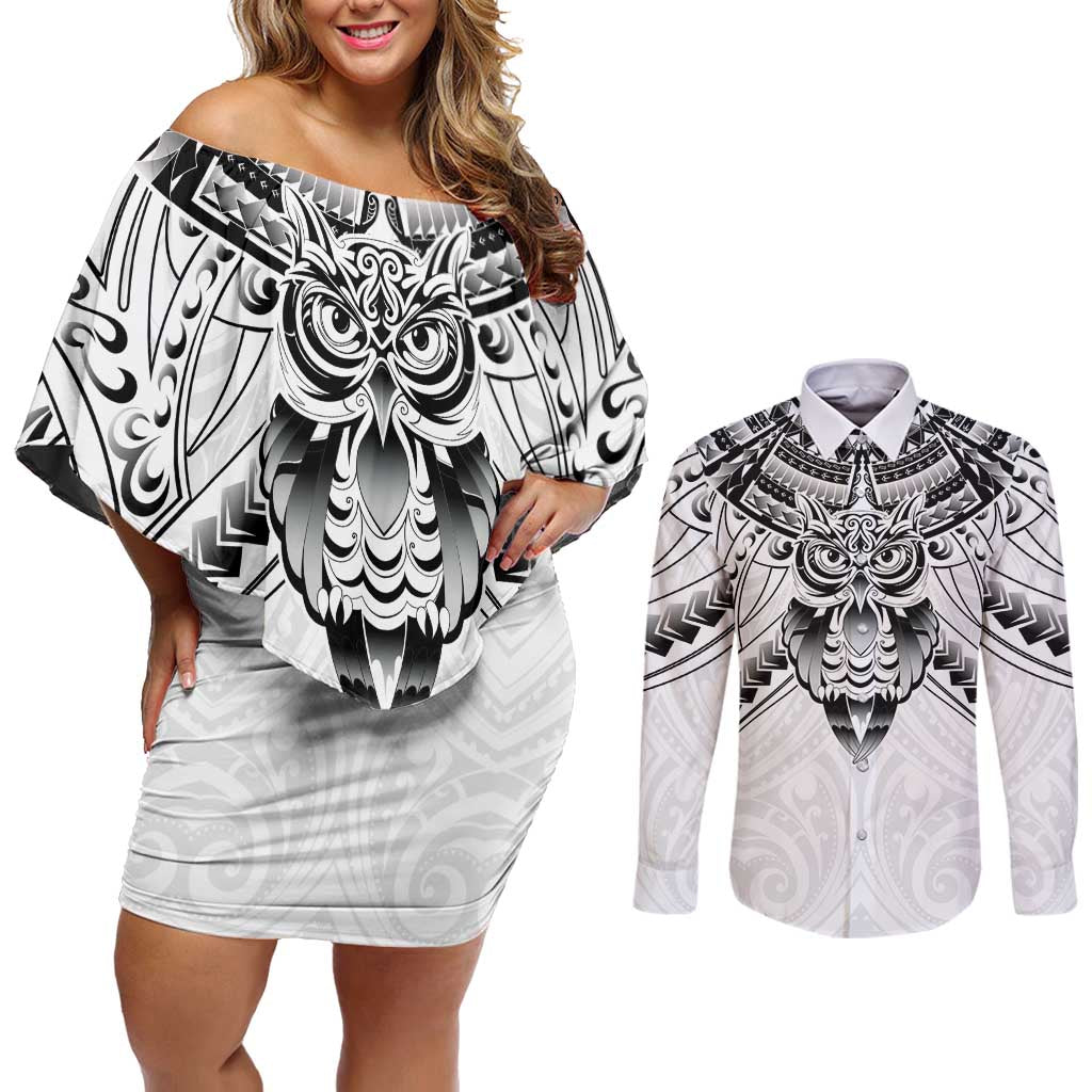 New Zealand Morepork Couples Matching Off Shoulder Short Dress and Long Sleeve Button Shirt Maori Pattern White