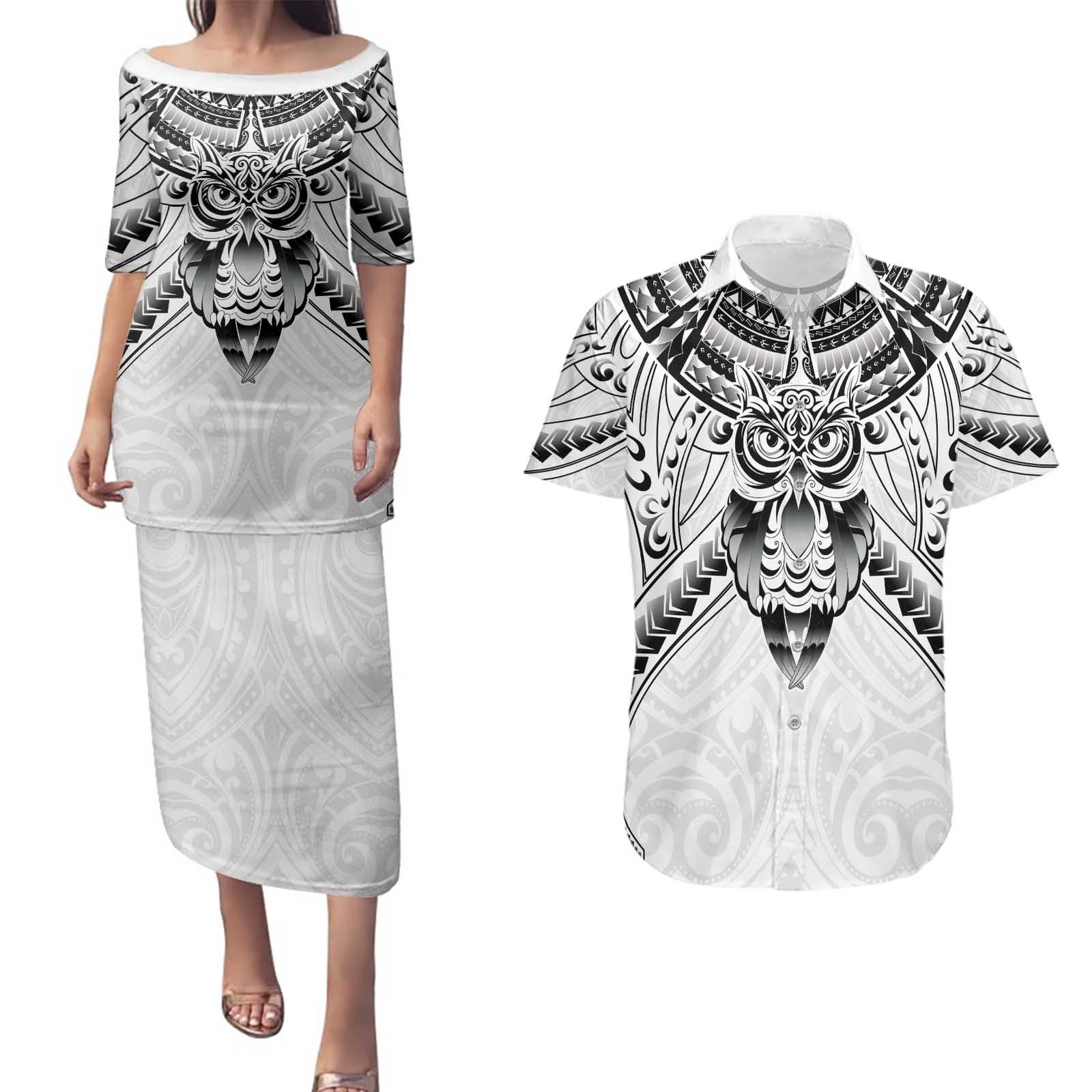New Zealand Morepork Couples Matching Puletasi and Hawaiian Shirt Maori Pattern White LT05 White - Polynesian Pride