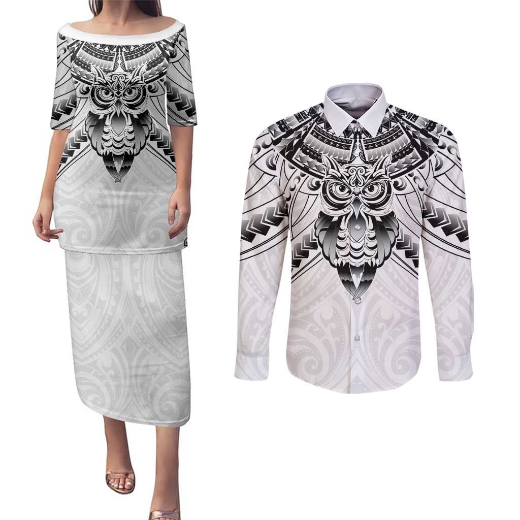 New Zealand Morepork Couples Matching Puletasi and Long Sleeve Button Shirt Maori Pattern White