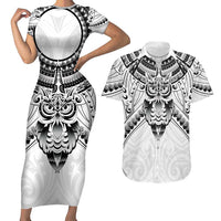 New Zealand Morepork Couples Matching Short Sleeve Bodycon Dress and Hawaiian Shirt Maori Pattern White LT05 White - Polynesian Pride