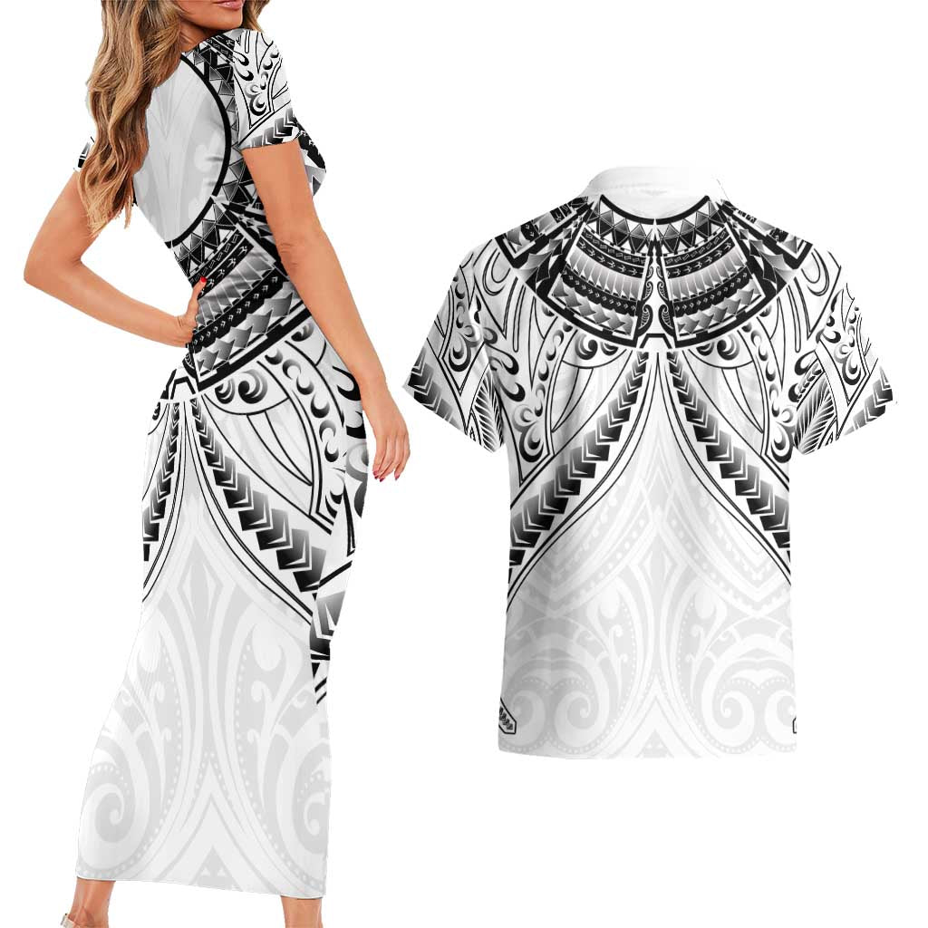 New Zealand Morepork Couples Matching Short Sleeve Bodycon Dress and Hawaiian Shirt Maori Pattern White LT05 - Polynesian Pride