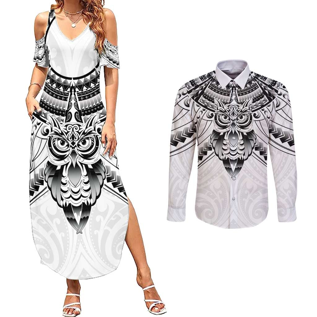 New Zealand Morepork Couples Matching Summer Maxi Dress and Long Sleeve Button Shirt Maori Pattern White LT05 White - Polynesian Pride