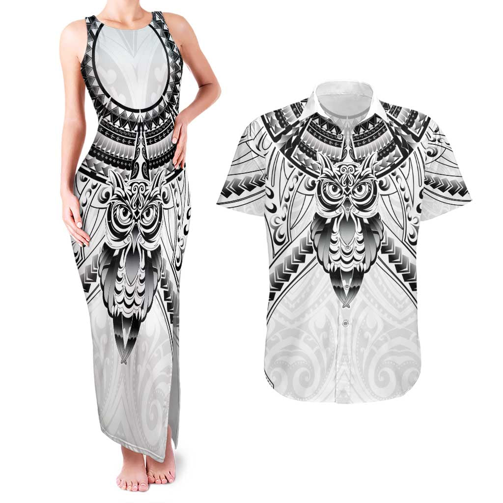 New Zealand Morepork Couples Matching Tank Maxi Dress and Hawaiian Shirt Maori Pattern White LT05 White - Polynesian Pride