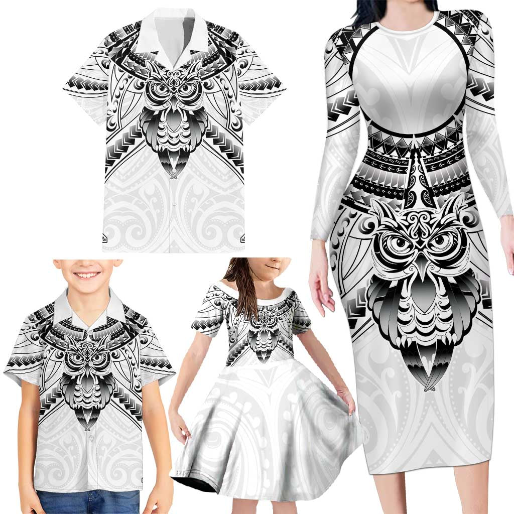 New Zealand Morepork Family Matching Long Sleeve Bodycon Dress and Hawaiian Shirt Maori Pattern White LT05 - Polynesian Pride