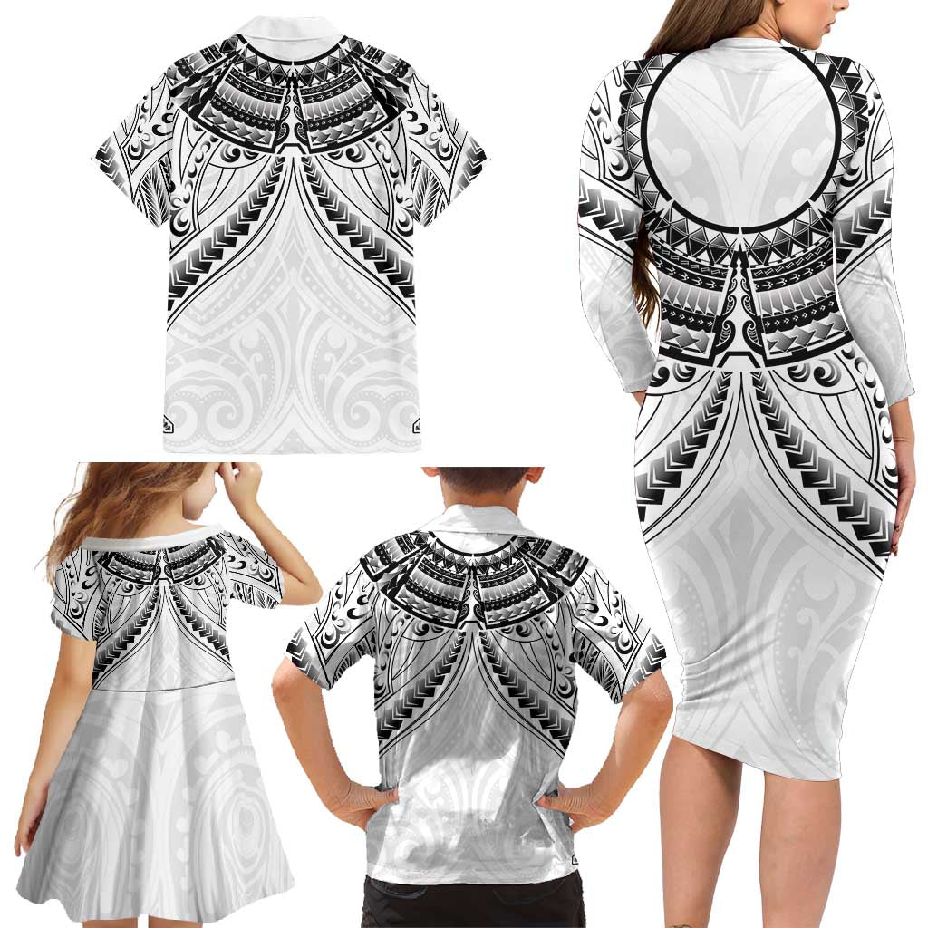 New Zealand Morepork Family Matching Long Sleeve Bodycon Dress and Hawaiian Shirt Maori Pattern White LT05 - Polynesian Pride