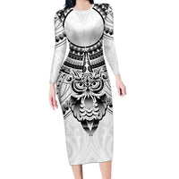 New Zealand Morepork Family Matching Long Sleeve Bodycon Dress and Hawaiian Shirt Maori Pattern White LT05 Mom's Dress White - Polynesian Pride