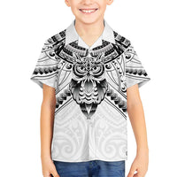 New Zealand Morepork Family Matching Long Sleeve Bodycon Dress and Hawaiian Shirt Maori Pattern White LT05 Son's Shirt White - Polynesian Pride