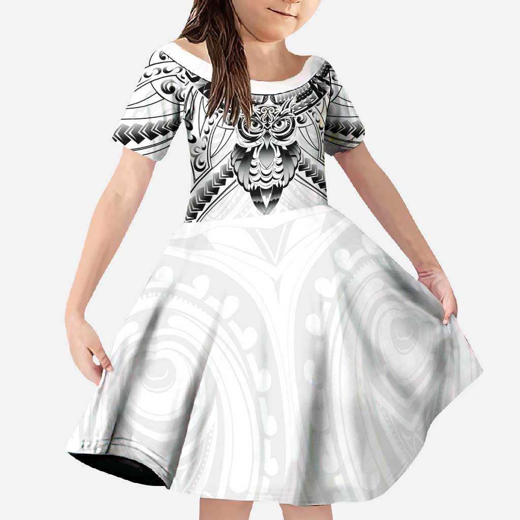 New Zealand Morepork Family Matching Mermaid Dress and Hawaiian Shirt Maori Pattern White LT05 Daughter's Dress White - Polynesian Pride