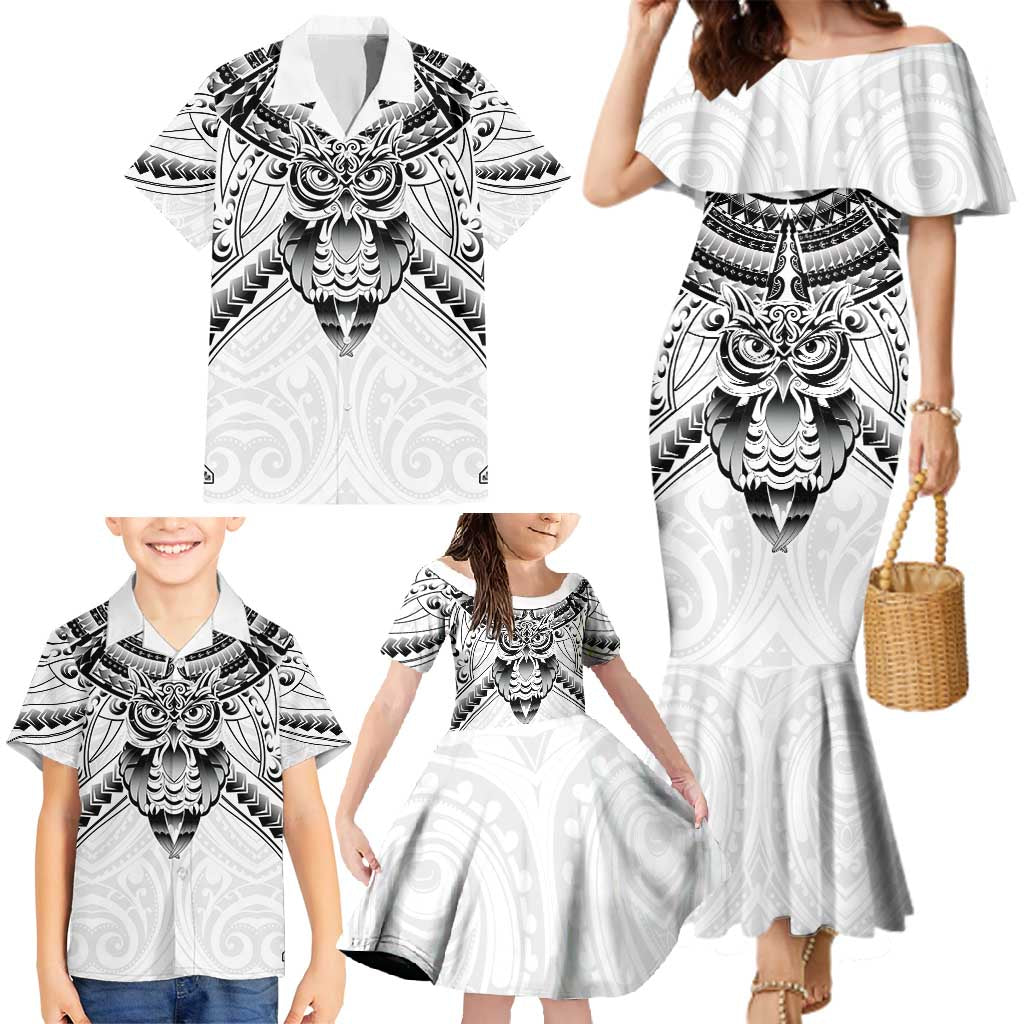 New Zealand Morepork Family Matching Mermaid Dress and Hawaiian Shirt Maori Pattern White LT05 - Polynesian Pride
