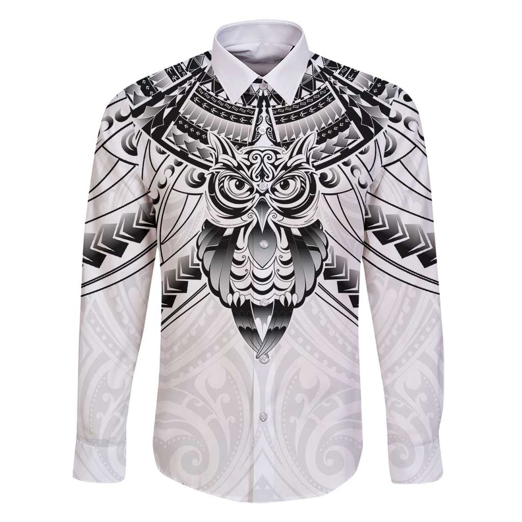 New Zealand Morepork Family Matching Mermaid Dress and Hawaiian Shirt Maori Pattern White LT05 Dad's Shirt - Long Sleeve White - Polynesian Pride