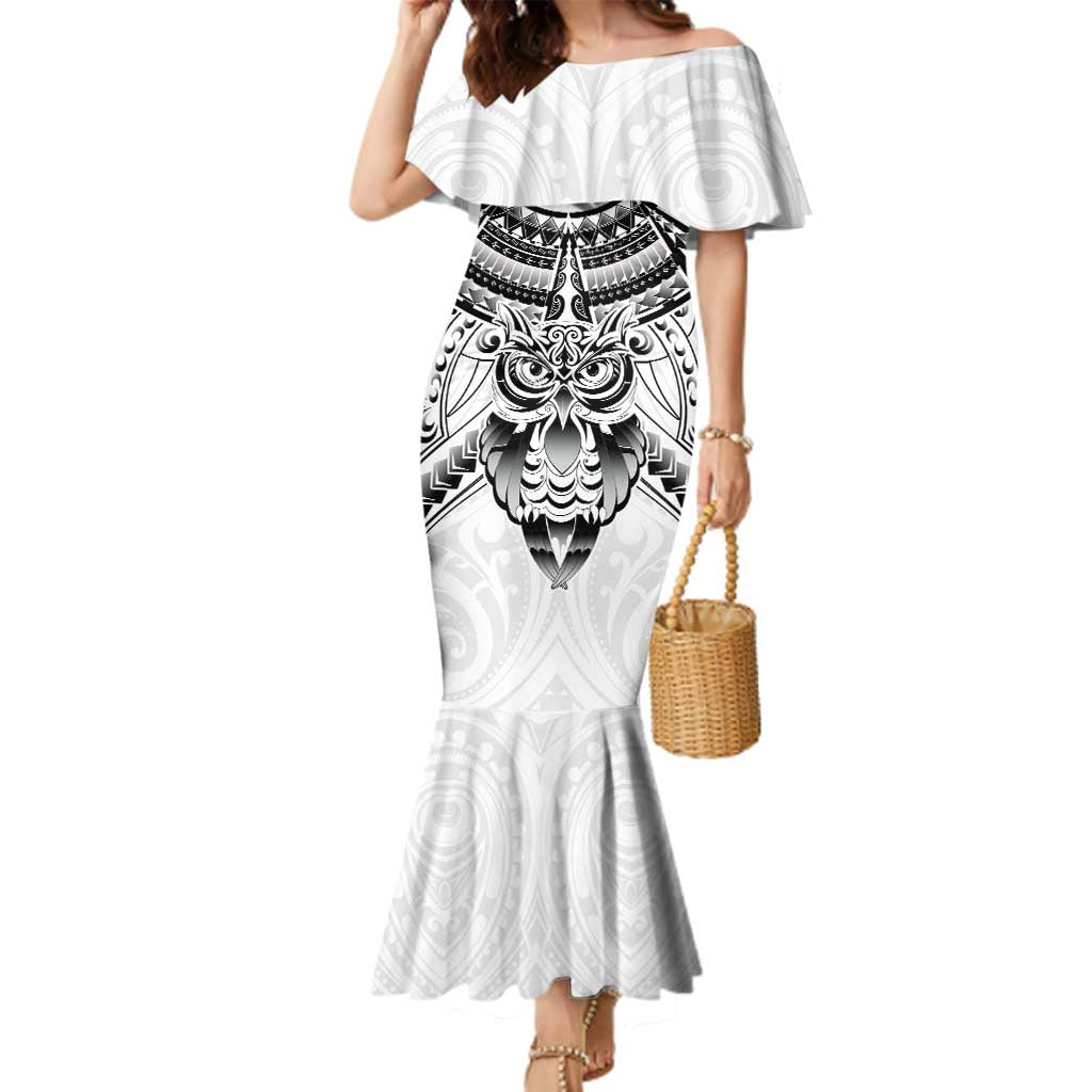 New Zealand Morepork Family Matching Mermaid Dress and Hawaiian Shirt Maori Pattern White LT05 Mom's Dress White - Polynesian Pride