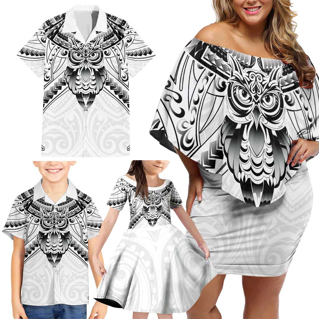 New Zealand Morepork Family Matching Off Shoulder Short Dress and Hawaiian Shirt Maori Pattern White LT05 - Polynesian Pride