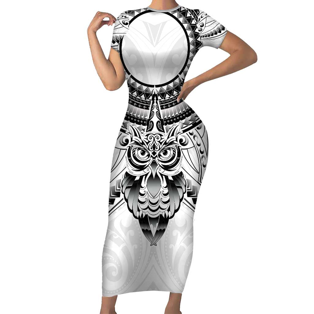 New Zealand Morepork Family Matching Short Sleeve Bodycon Dress and Hawaiian Shirt Maori Pattern White LT05 Mom's Dress White - Polynesian Pride