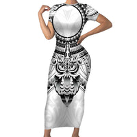 New Zealand Morepork Family Matching Short Sleeve Bodycon Dress and Hawaiian Shirt Maori Pattern White LT05 Mom's Dress White - Polynesian Pride