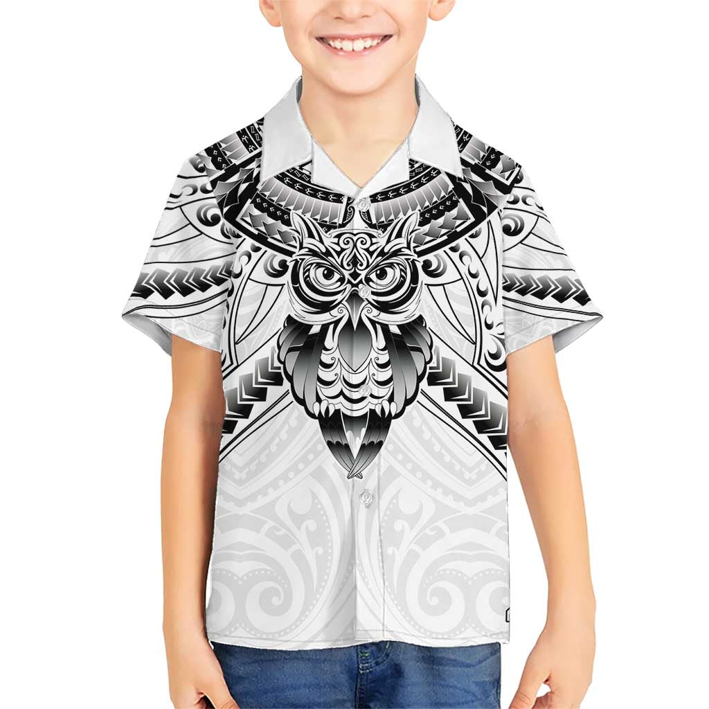 New Zealand Morepork Family Matching Short Sleeve Bodycon Dress and Hawaiian Shirt Maori Pattern White LT05 Son's Shirt White - Polynesian Pride