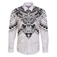 New Zealand Morepork Family Matching Tank Maxi Dress and Hawaiian Shirt Maori Pattern White LT05 Dad's Shirt - Long Sleeve White - Polynesian Pride