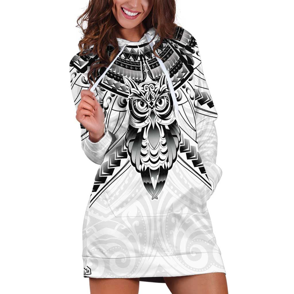 New Zealand Morepork Hoodie Dress Maori Pattern White